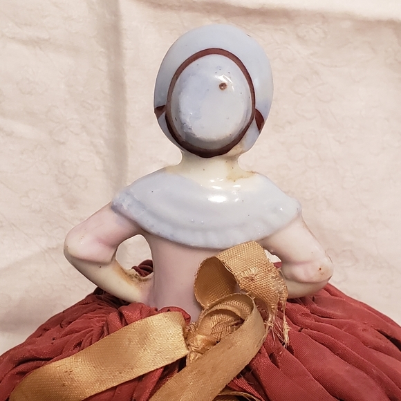 Antique Porcelain Half Doll Pincushion with Dark Red Silk Skirt - Picture 5 of 11